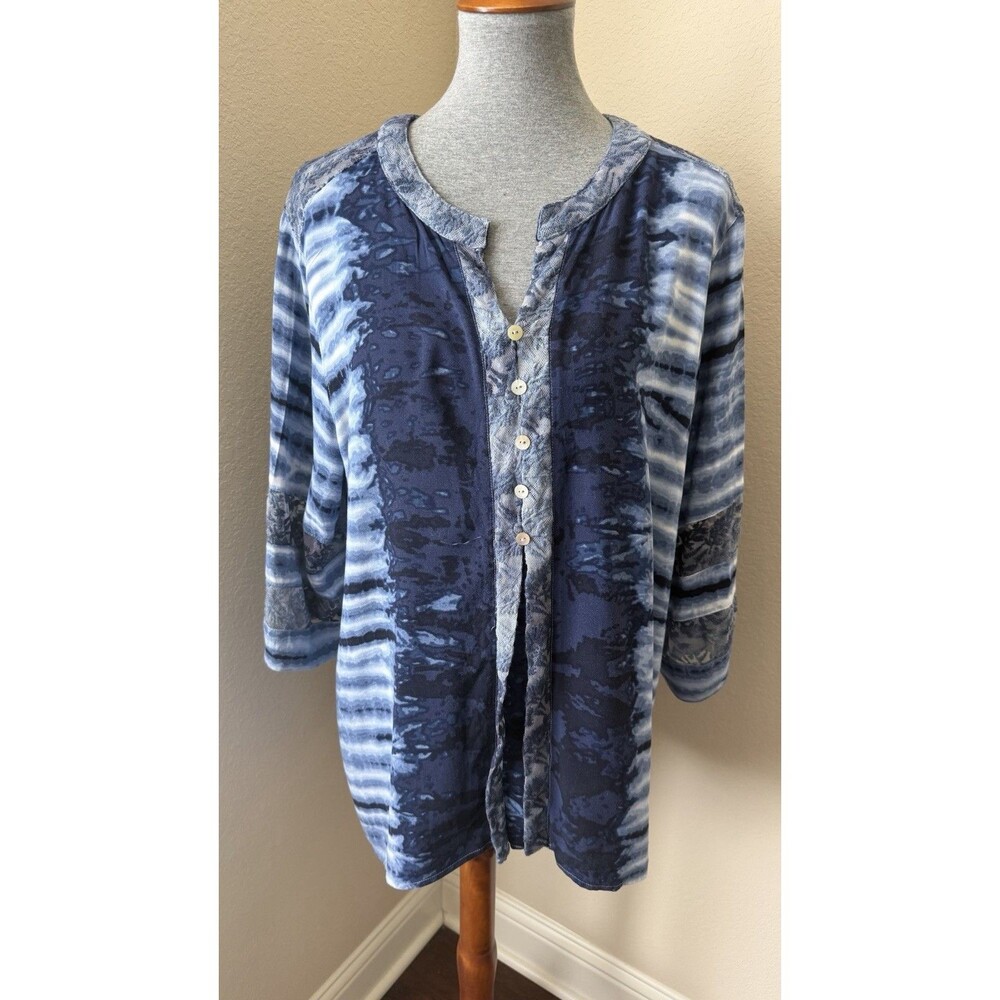 Ali Miles Size 1X Blue Tie-Dye Print Lace Trimmed 3/4 Sleeve Pullover Tunic Top